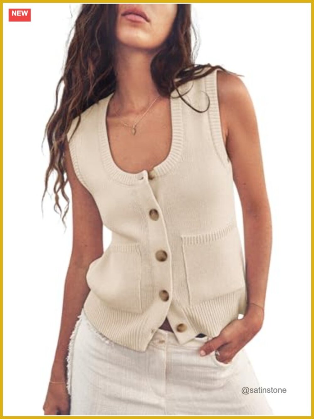 Ribbed Knit Sweater Vest Sleeveless Button Down Tank Top with Pockets